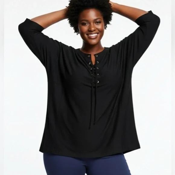 Woman Within Black Lace-Up Blouse - Picture 3 of 6